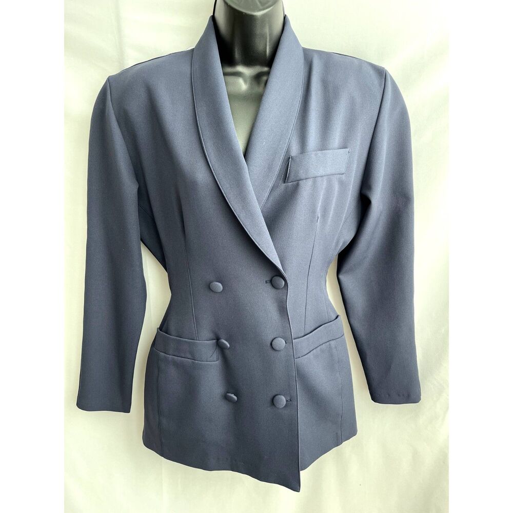 Vintage Innocent Womens Shoulder Pad Blazer Jacket Navy Blue S Retro Classy 80s
